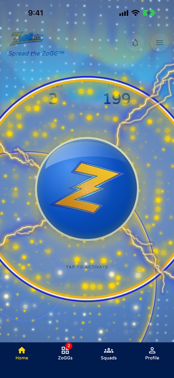 The moment a ZoGG is sent: a golden shockwave and lightning ripple out from the big Z across a field of glowing dots