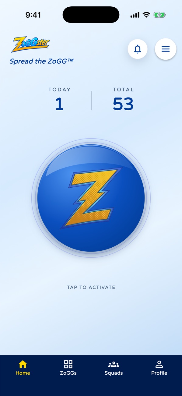 ZoGGster Home: today's and total ZoGG counters above the big Z button