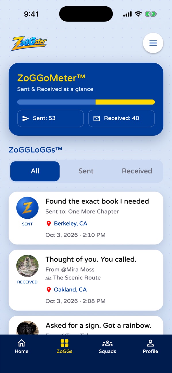 ZoGGLoGGs: ZoGGs sent and received, with photos, places and the ZoGGoMeter